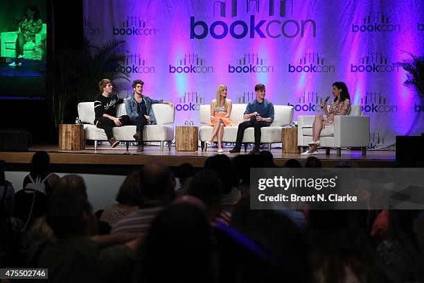 Authors Shane Dawson, Joey Graceffa, Justine Ezarik and Connor Franta appear on stage during "Vlogger to Author" at BookCon held at the Javits Center...