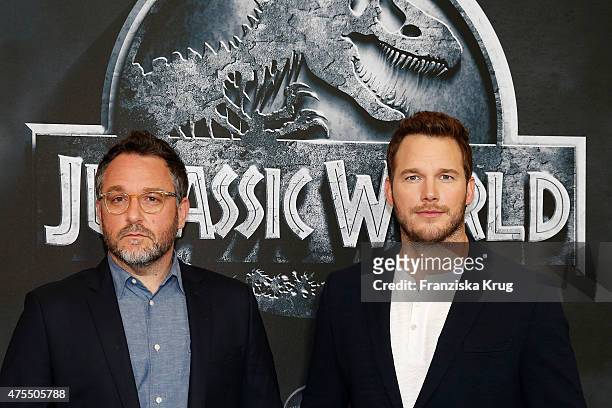 Colin Trevorrow and Chris Pratt attend the 'Jurassic World' Photocall on June 01, 2015 in Berlin, Germany.