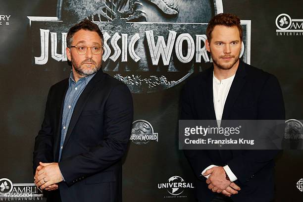 Colin Trevorrow and Chris Pratt attend the 'Jurassic World' Photocall on June 01, 2015 in Berlin, Germany.