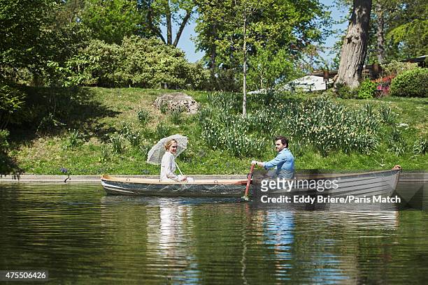 Actor Clovis Cornillac and his wife Lilou Fogli are photographed for Paris Match on April 23, 2015 in Paris, France.