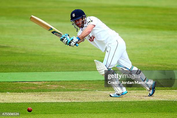 Will Smith of Hampshire hits out during Day 2 of the LV County Championship Division One match between Hampshire and Worcestershire at Ageas Bowl on...