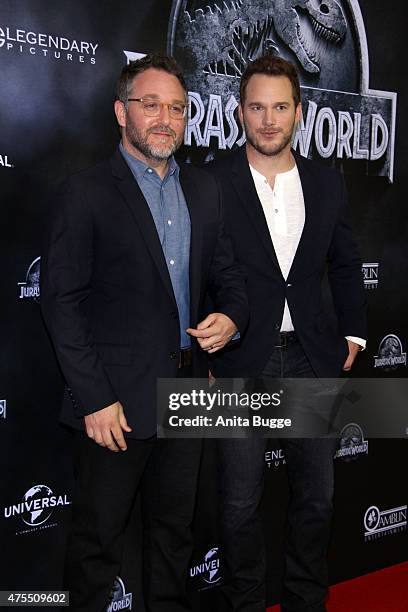 Director Colin Trevorrow and actor Chris Pratt attend the 'Jurassic World' Berlin photocall at The Regent Hotel on June 1, 2015 in Berlin, Germany.