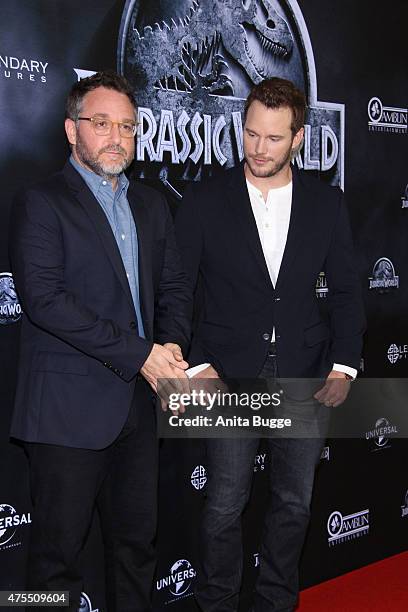 Director Colin Trevorrow and actor Chris Pratt attend the 'Jurassic World' Berlin photocall at The Regent Hotel on June 1, 2015 in Berlin, Germany.