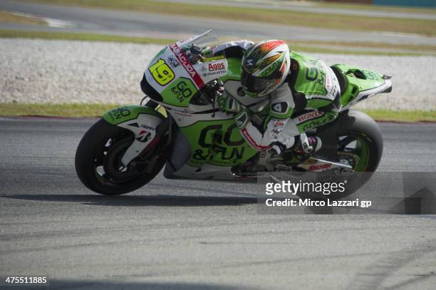 Alvaro Bautista of Spain and Go&Fun Honda Gresini heads down a straight during the MotoGP Tests in Sepang - Day Three at Sepang Circuit on February...
