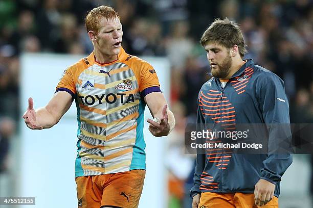 Philip van der Walt of the Cheetahs gestures after their defeat during the round three Super Rugby match between the Melbourne Rebels and the...