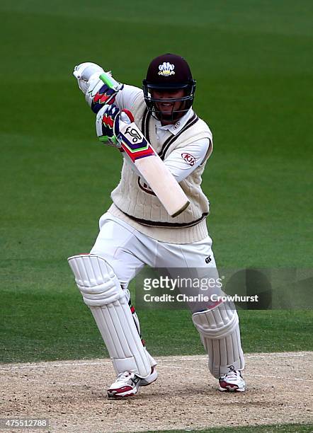 Steven Davies of Surrey hits out during day two of the LV County Championship Division Two match between Surrey and Lancashire at The Kia Oval, on...