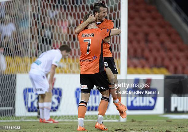 Liam Miller of the Roar celebrates with Besart Berisha after scoring a goal during the round 21 A-League match between Brisbane Roar and Perth Glory...