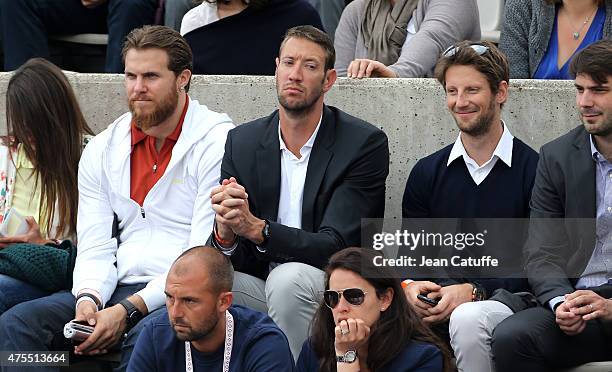 William Accambray , Alain Bernard and Romain Grosjean attend day 5 of the French Open 2015 at Roland Garros stadium on May 28, 2015 in Paris, France.
