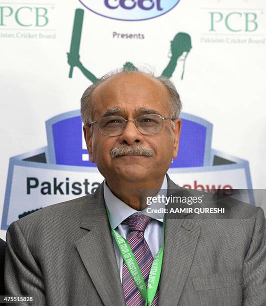 In this photograph taken on May 31 former Pakistan cricket chief Najam Sethi looks on while attending a closing ceremomy at the end of the third and...