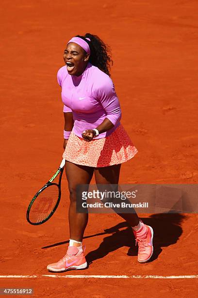 Serena Williams of the United States celebrates a point in her Women's Singles match against Sloane Stephens of the United States on day nine of the...
