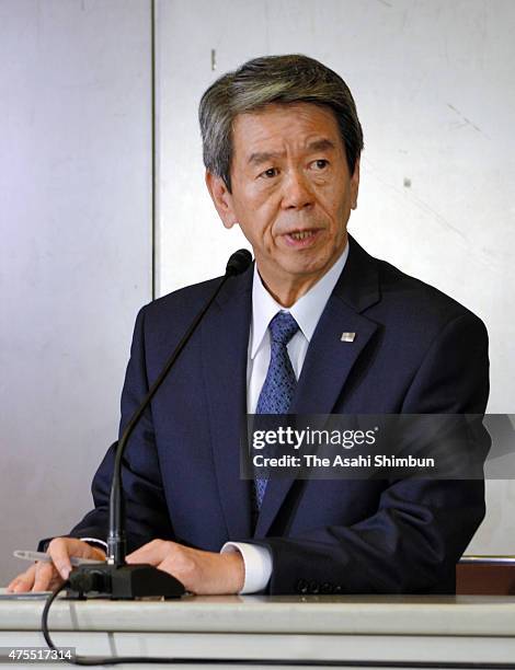 Toshiba president Hisao Tanaka speaks during a press conference at the company headquarters on May 29, 2015 in Tokyo, Japan. Toshiba will hold...