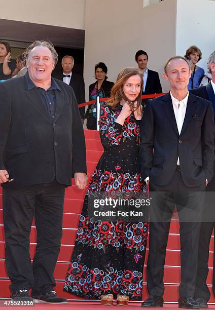 Gerard Depardieu, Isabelle Huppert and director Guillaume Nicloux attend the'Valley Of Love' Premiere during the 68th annual Cannes Film Festival on...