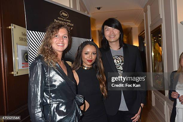 Loica Graziani from Elizabeth Arden, actress Kat Graham and PR Axel Huyhn attend the Elizabeth Arden 8 Hour Party at 'C' at Carlton - The 68th Annual...