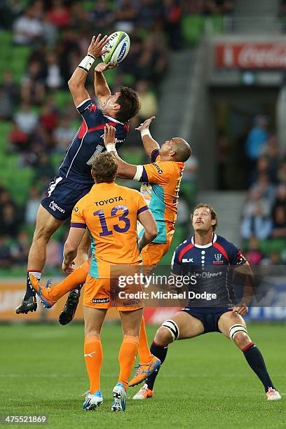 Mitch Inman of the Rebels palms the ball dowon to Scott Higginbotham away from Cornal Hendricks of the Cheetahs during the round three Super Rugby...