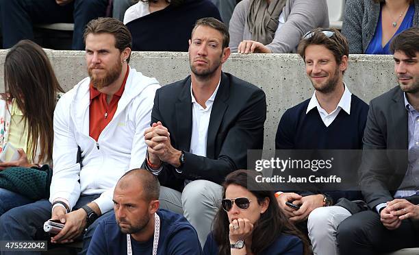 William Accambray , Alain Bernard and Romain Grosjean attend day 5 of the French Open 2015 at Roland Garros stadium on May 28, 2015 in Paris, France.