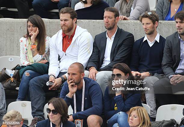 William Accambray with his girlfriend DJ Maeva Carter , Alain Bernard and Romain Grosjean attend day 5 of the French Open 2015 at Roland Garros...