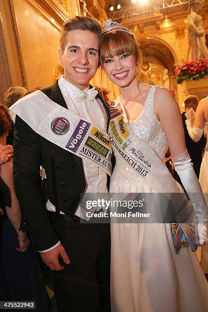 Miss Austria Ena Kadic debuts with Mister Austria Philipp Knefz at the traditional Vienna Opera Ball at Vienna State Opera on February 27, 2014 in...