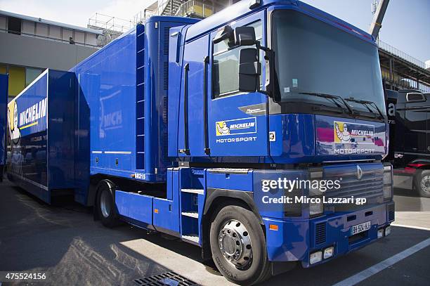 Michelin truck parks in paddock during the Michelin tires test during the MotoGp Tests At Mugello at Mugello Circuit on June 1, 2015 in Scarperia,...