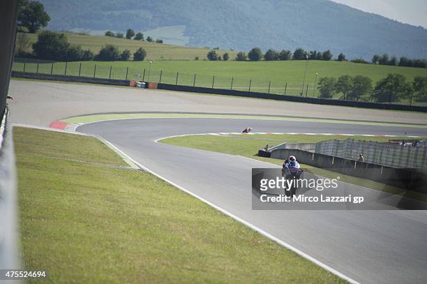 Jorge Lorenzo of Spain and Movistar Yamaha MotoGP heads down a straight during the Michelin tires test during the MotoGp Tests At Mugello at Mugello...