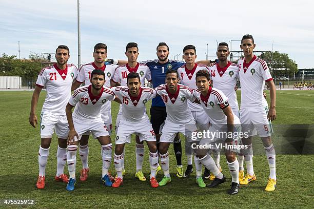 Saad Ait Khorsa of Morocco U21, Walid El Karti of Morocco U21, Aymane El Hassouni of Morocco U21, goalkeeper Badreddine Benachour of Morocco U21,...