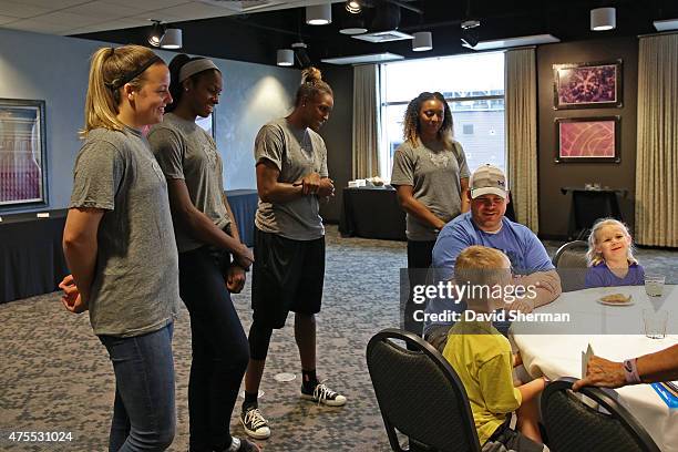 Rebekkah Brunson, Monica Wright, Devereaux Peters, Tricia Liston and Amber Harris of the Minnesota Lynx visit the Science Museum of Minnesota with...