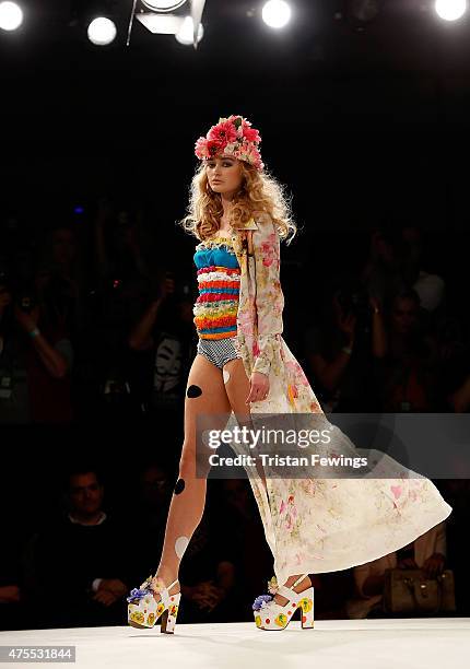 Designs by Lauren Anderson of Nottingham Trent University on day 3 of Graduate Fashion Week at The Old Truman Brewery on June 1, 2015 in London,...