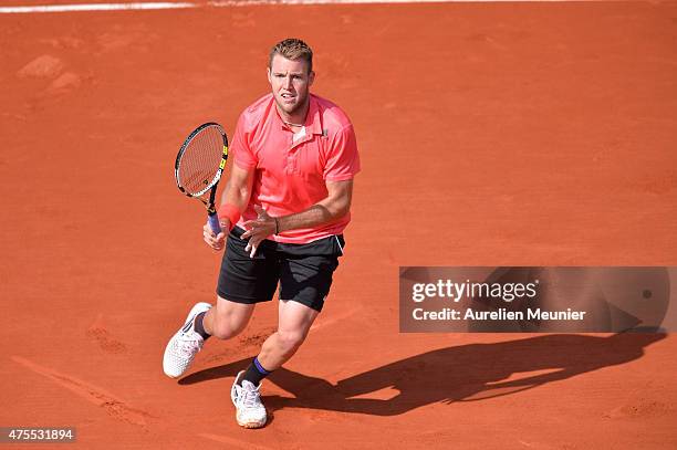 Jack Sock of the United States of America in action during his men's singles fourth round match against Rafael Nadal of Spain on day eight of the...