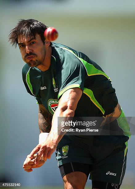 Mitchell Johnson of Australia bowls during an Australian nets session at Windsor Park on June 1, 2015 in Roseau, Dominica.