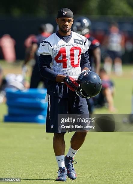 Kurtis Drummond of the Houston Texans works out during an NFL football organized team activity on June 1, 2015 in Houston, Texas.
