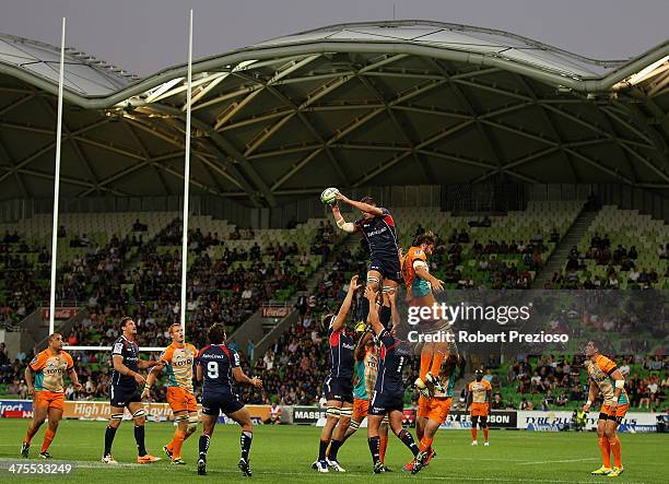 Sean McMahon of the Rebels takes a high ball during the round three Super Rugby match between the Melbourne Rebels and the Cheetahs at AAMI Park on...