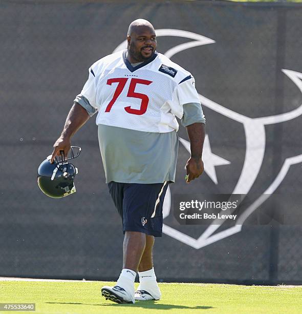 Vince Wilfork of the Houston Texans works out during an NFL football organized team activity on June 1, 2015 in Houston, Texas.