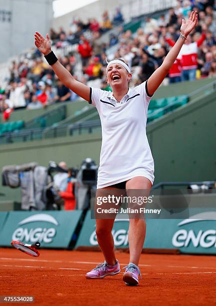 Timea Bacsinszky of Switzerland celebrates match point in her Women's Singles match against Petra Kvitova of Czech Republic on day nine of the 2015...