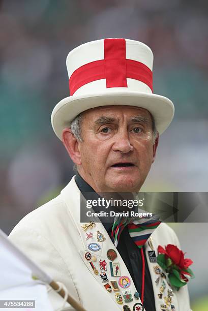 Peter Cross, the England mascot looks on during the Rugby Union International match between England and the Barbarians at Twickenham Stadium on May...