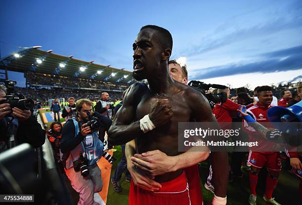 Johan Djourou of Hamburger SV celebrates victory after the Bundesliga play-off second leg match between Karlsruher SC and Hamburger SV on June 1,...