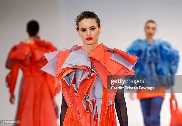 Designs by Melissa Obika from Manchester School of Art on day 3 of Graduate Fashion Week at The Old Truman Brewery on June 1, 2015 in London, England.