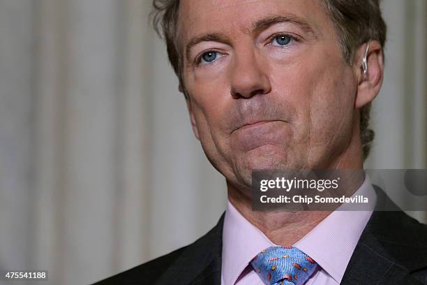 Sen. Rand Paul does a live interview with FOX News in the Russell Senate Office Building rotunda on Capitol Hill June 1, 2015 in Washington, DC. In...