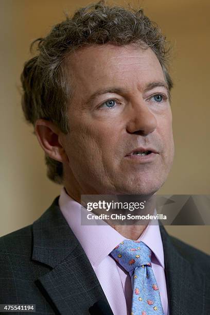 Sen. Rand Paul does a live interview with ABC News in the Russell Senate Office Building rotunda on Capitol Hill June 1, 2015 in Washington, DC. In...