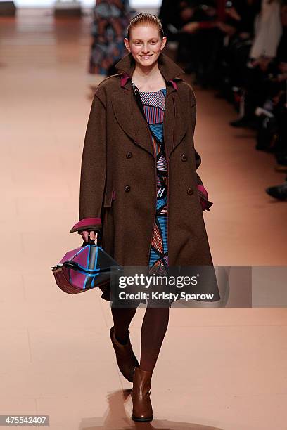 Model walks the runway during the Issey Miyake show as part of Paris Fashion Week Womenswear Fall/Winter 2014-2015 on February 28, 2014 in Paris,...