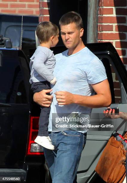 Tom Brady and his son Benjamin Brady are seen on August 11, 2012 in Boston, Massachusetts.