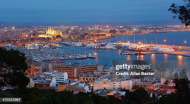 elevated view of palma de mallorca at dusk - palma stock-fotos und bilder