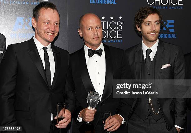 Alec Berg, Mike Judge and Thomas Middleditch pose in the press room at the 5th annual Critics' Choice Television Awards at The Beverly Hilton Hotel...