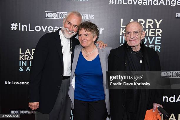 Director Jean Carlomusto, Larry Kramer and David Webster attends the "Larry Kramer In Love And Anger" New York Premiere at Time Warner Center on June...
