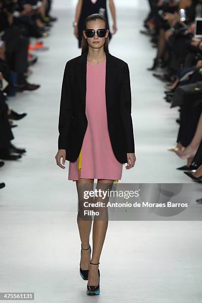 Model walks the runway during the Christian Dior show as part of the Paris Fashion Week Womenswear Fall/Winter 2014-2015 on February 28, 2014 in...