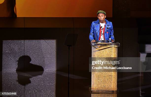 Singer Pharrell Williams accepts the Fashion Icon Award onstage at the 2015 CFDA Fashion Awards at Alice Tully Hall at Lincoln Center on June 1, 2015...