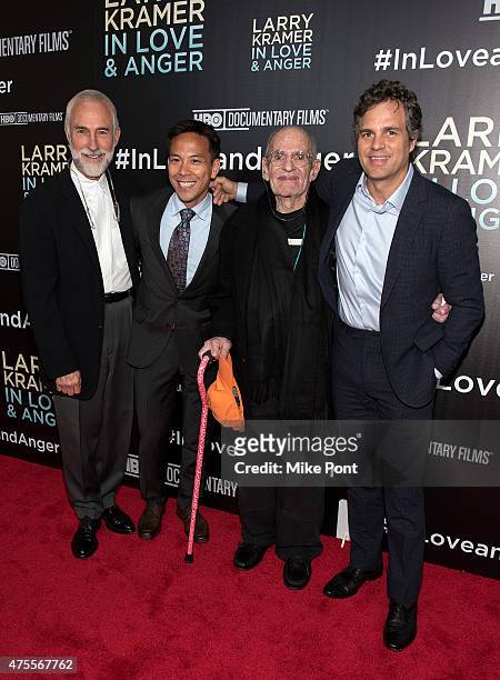 David Webster, Kelsey Louie, Larry Kramer, and Mark Ruffalo attend the "Larry Kramer in Love and Anger" New York Premiere at Time Warner Center on...