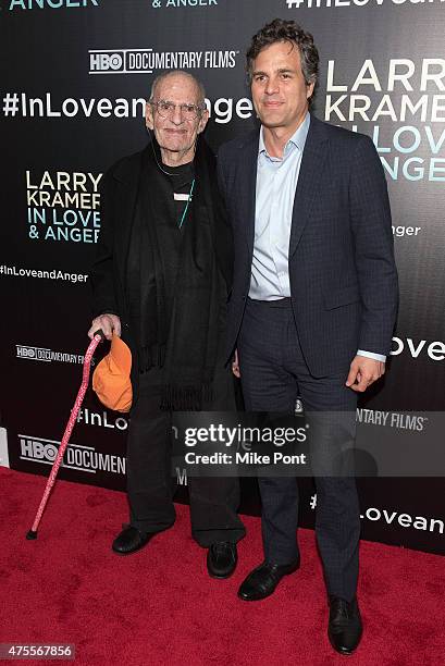 Activist Larry Kramer and Actor Mark Ruffalo attend the "Larry Kramer in Love and Anger" New York Premiere at Time Warner Center on June 1, 2015 in...