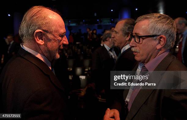 Rodrigo Rato and General Secretary of UGT Ignacio Fernandez Toxo attend 'Proyecto Europa' press conference at Casa de America on February 28, 2014 in...