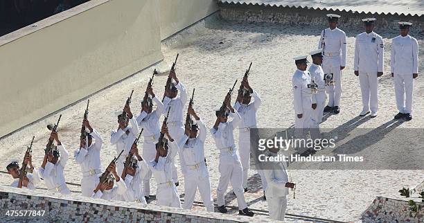 Indian Navy personal giving Guard of Honour at the Funeral of Lieutenant Commander Kapish Muwal takes place at Chandanwadi Crematorium at Marine...