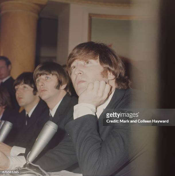 British pop group The Beatles at a press reception held at the Saville Theatre after their MBE Investiture ceremony at Buckingham Palace, London,...