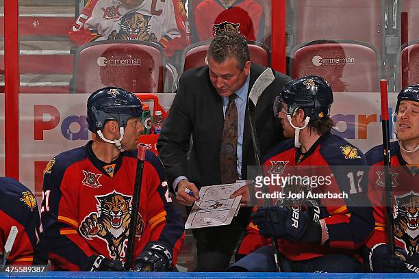 Interim head coach Peter Horachek diagrams a play for Krys Barch and Jimmy Hayes of the Florida Panthers during third period action against the...